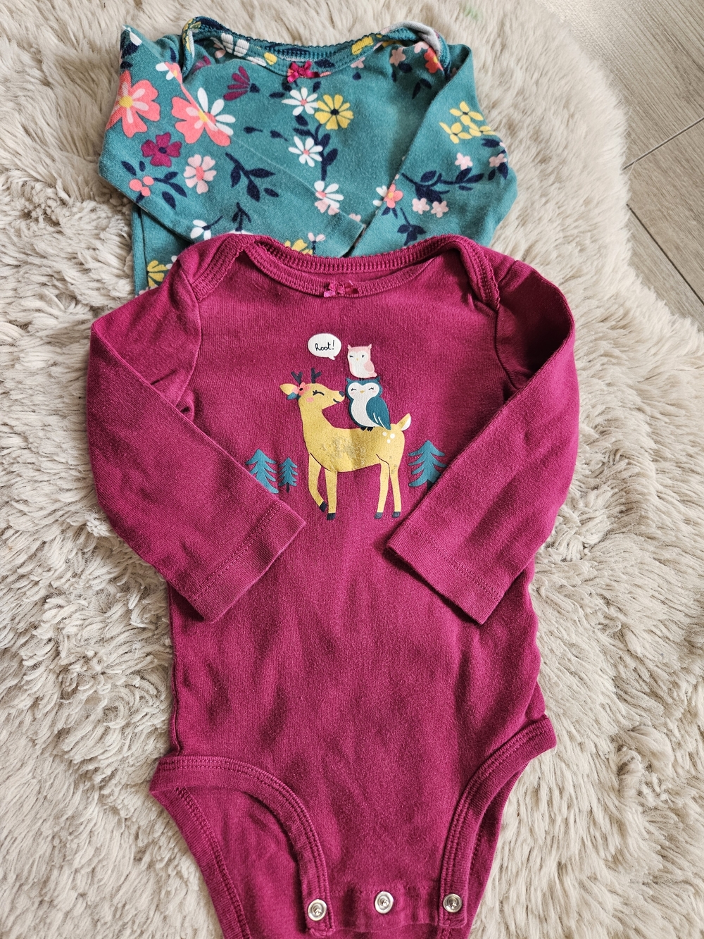 Carter’s Baby Girl Long Sleeve Bodysuit Lot 2Pc Floral Deer Owl 6 Months 6M